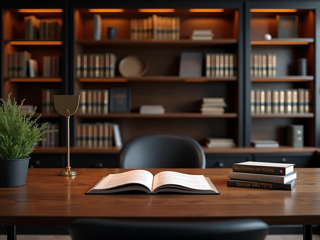 Scrivania in uno studio legale con libri e una bilancia della giustizia